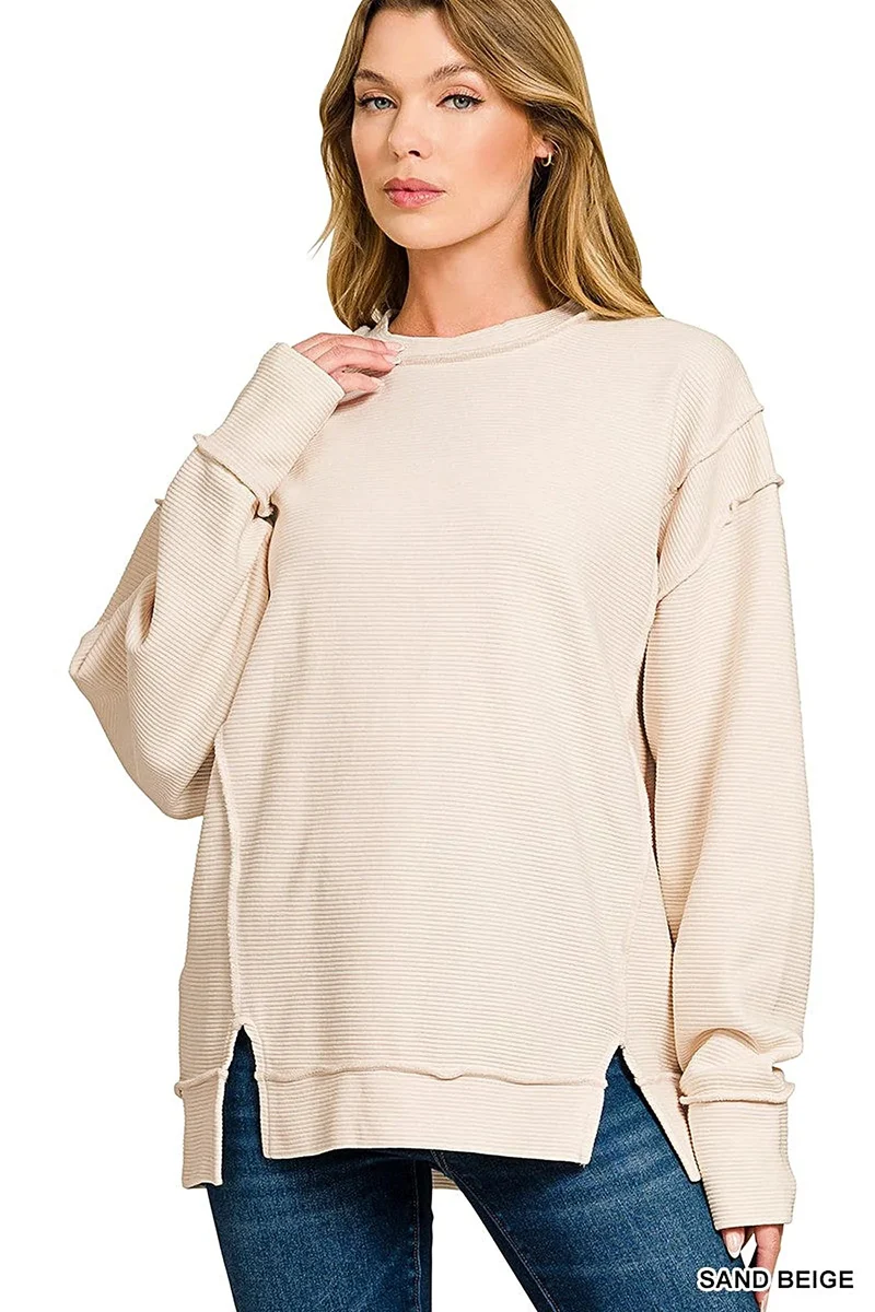 Trendy, gebleekte sweater met dubbele ribboord en zichtbare naden - Stoere, casual stijl