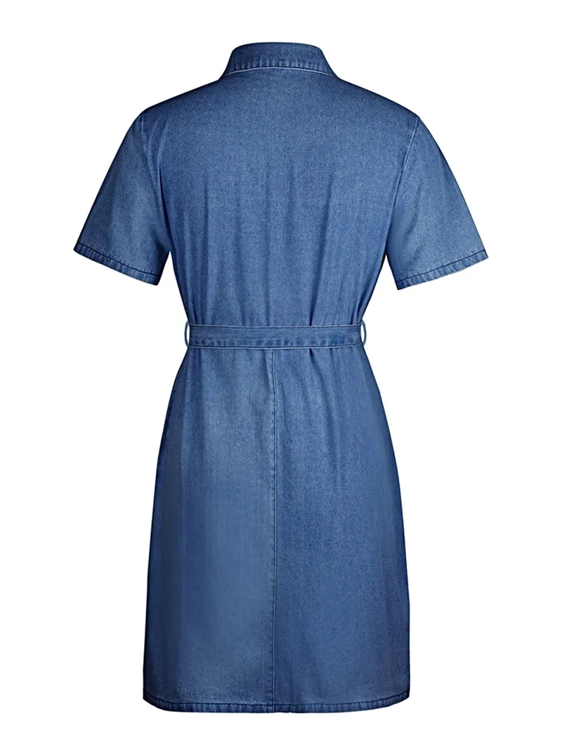 Elegante denim jurk met ritssluiting aan de voorkant en zakken | Stijlvolle korte mouwen en licht elastische stof