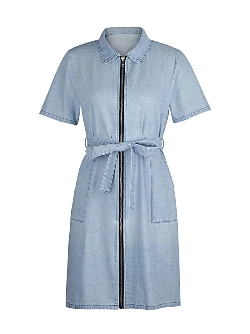 Elegante denim jurk met ritssluiting aan de voorkant en zakken | Stijlvolle korte mouwen en licht elastische stof