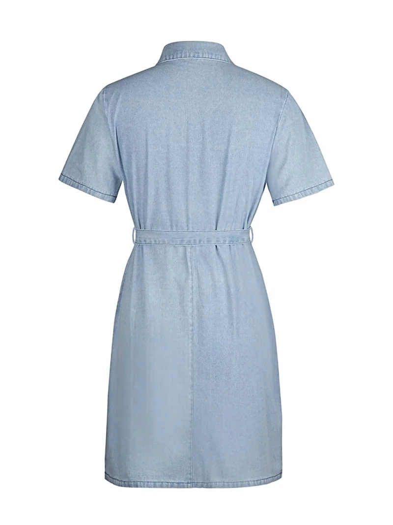 Elegante denim jurk met ritssluiting aan de voorkant en zakken | Stijlvolle korte mouwen en licht elastische stof