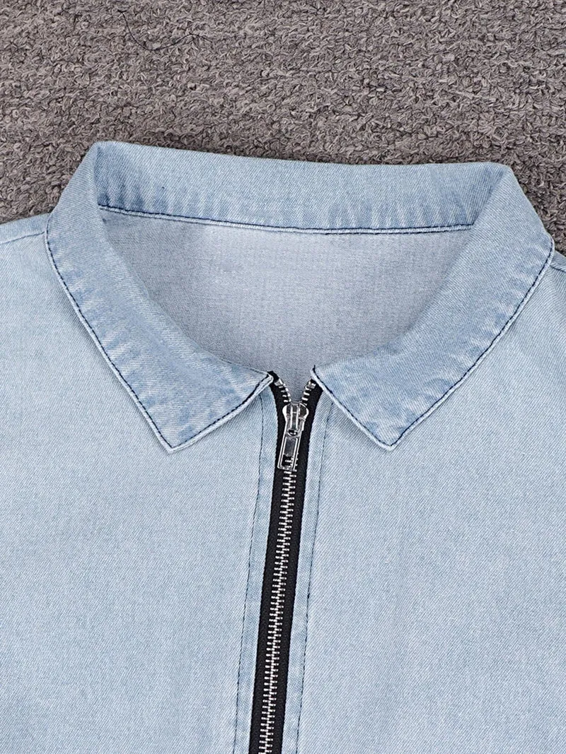 Elegante denim jurk met ritssluiting aan de voorkant en zakken | Stijlvolle korte mouwen en licht elastische stof