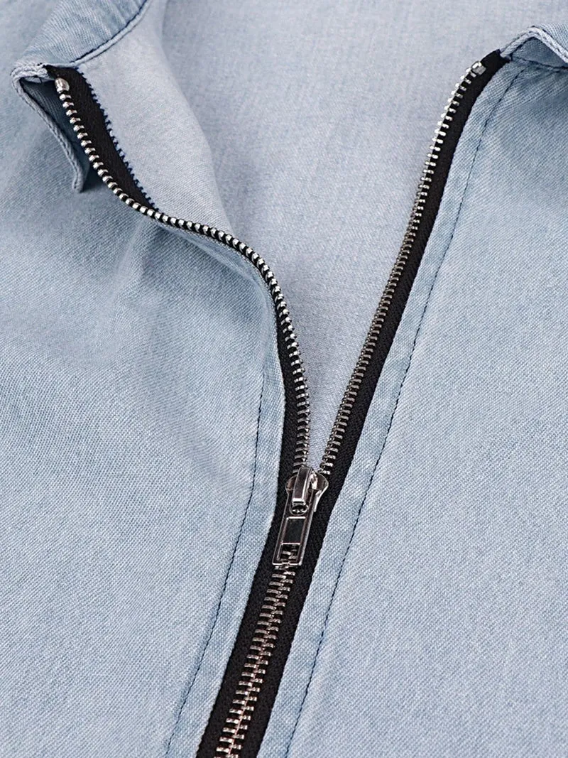 Elegante denim jurk met ritssluiting aan de voorkant en zakken | Stijlvolle korte mouwen en licht elastische stof
