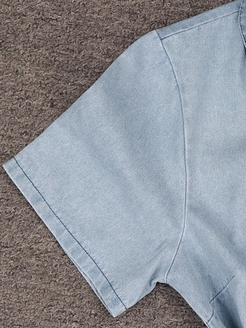 Elegante denim jurk met ritssluiting aan de voorkant en zakken | Stijlvolle korte mouwen en licht elastische stof