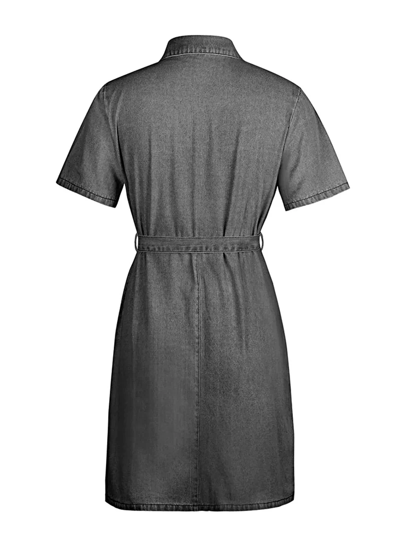 Elegante denim jurk met ritssluiting aan de voorkant en zakken | Stijlvolle korte mouwen en licht elastische stof