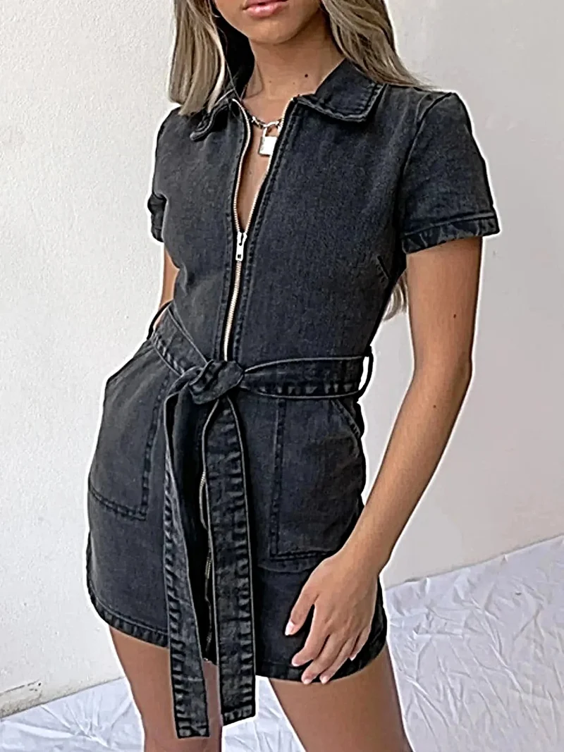 Elegante denim jurk met ritssluiting aan de voorkant en zakken | Stijlvolle korte mouwen en licht elastische stof
