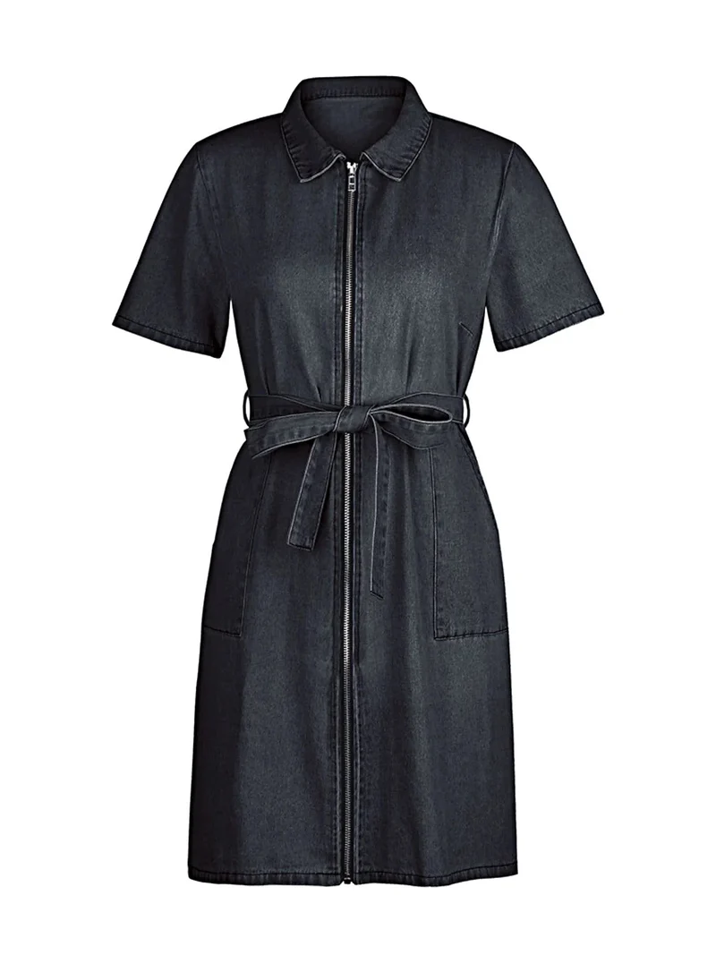 Elegante denim jurk met ritssluiting aan de voorkant en zakken | Stijlvolle korte mouwen en licht elastische stof