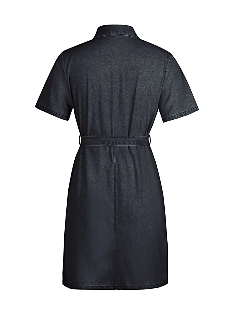 Elegante denim jurk met ritssluiting aan de voorkant en zakken | Stijlvolle korte mouwen en licht elastische stof