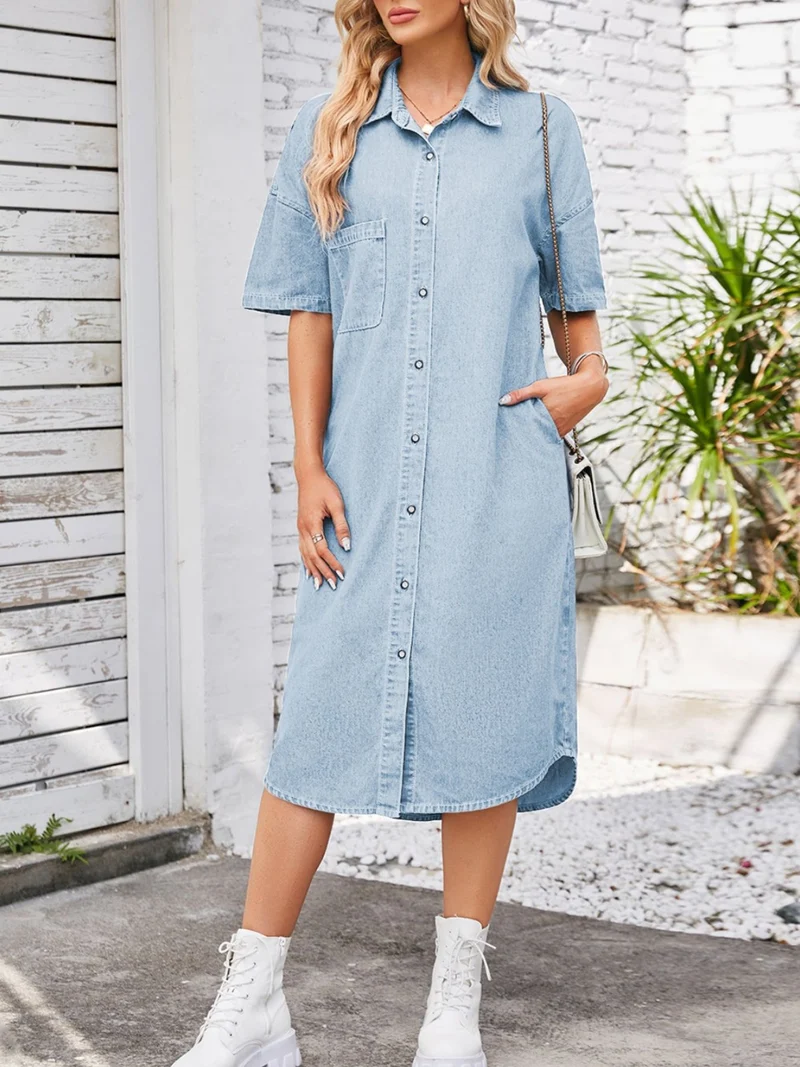 Casual denim jurk met knoopsluiting en korte mouwen