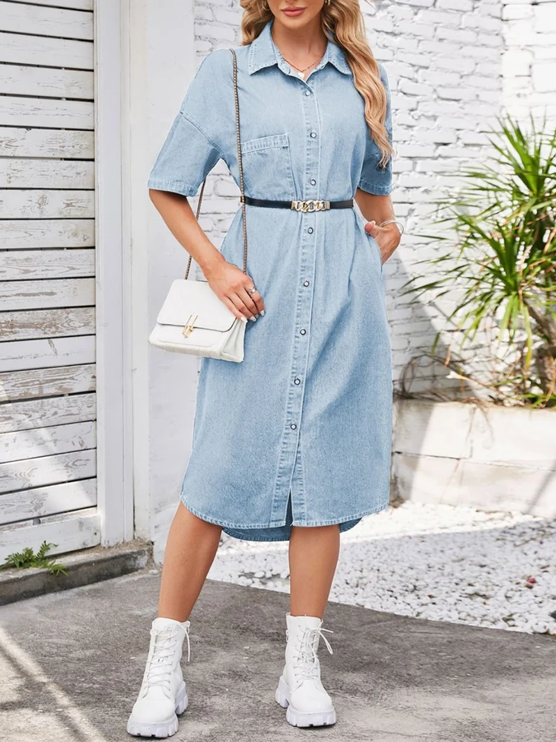 Casual denim jurk met knoopsluiting en korte mouwen