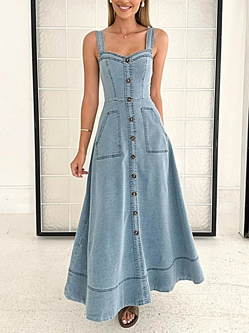 Elegante A-lijn denim jurk met knoopsluiting aan de voorkant en zakken | 100% polyester | Vintage stijl