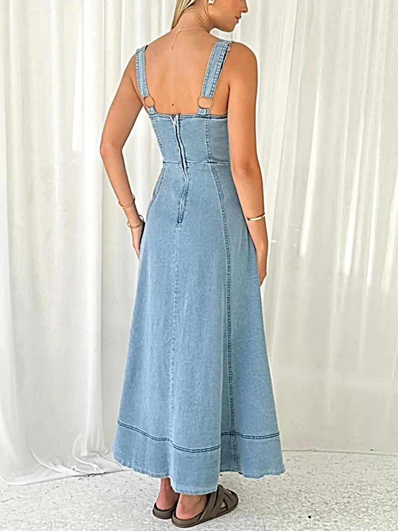 Elegante A-lijn denim jurk met knoopsluiting aan de voorkant en zakken | 100% polyester | Vintage stijl