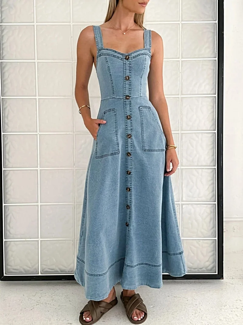 Elegante A-lijn denim jurk met knoopsluiting aan de voorkant en zakken | 100% polyester | Vintage stijl