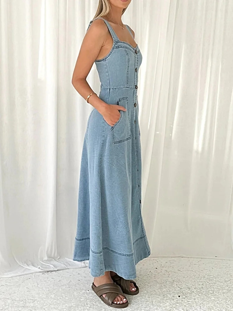 Elegante A-lijn denim jurk met knoopsluiting aan de voorkant en zakken | 100% polyester | Vintage stijl