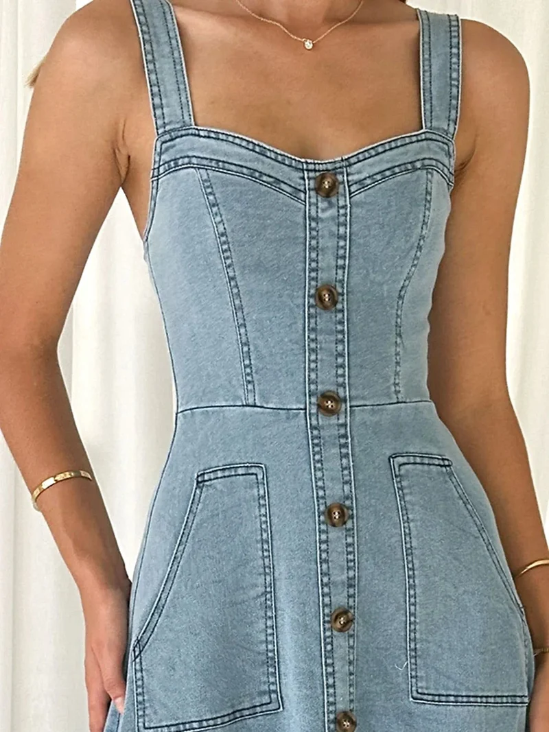 Elegante A-lijn denim jurk met knoopsluiting aan de voorkant en zakken | 100% polyester | Vintage stijl
