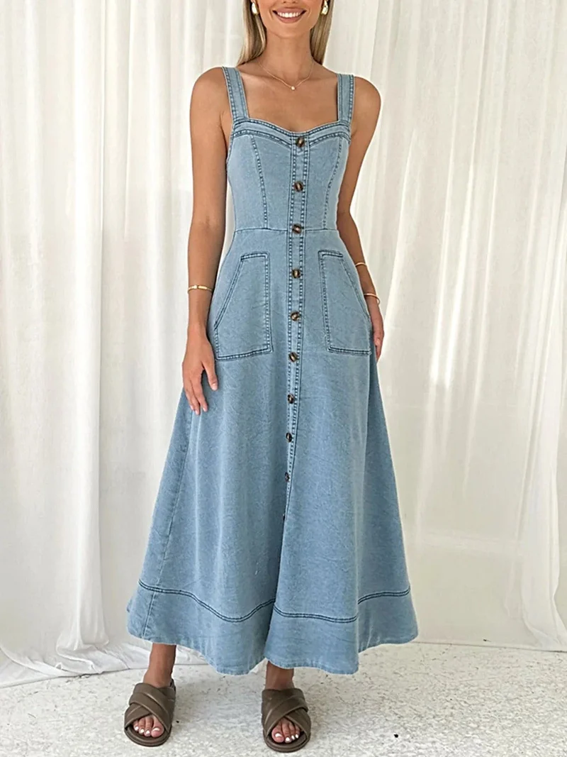 Elegante A-lijn denim jurk met knoopsluiting aan de voorkant en zakken | 100% polyester | Vintage stijl