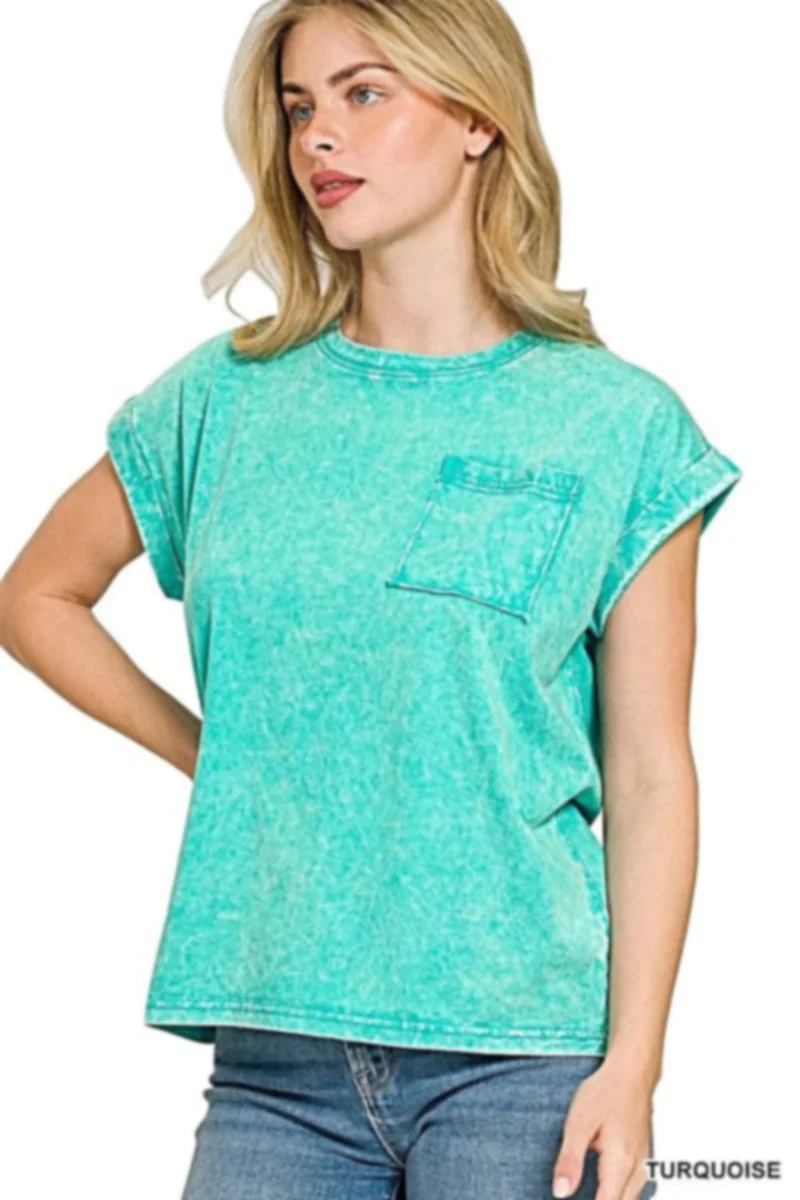 Turquoise T-shirt met korte mouwen en zakje, gekreukeld en gewassen, voor dames - Plus size, relaxte pasvorm, katoenmix