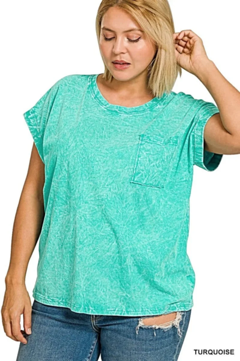 Turquoise T-shirt met korte mouwen en zakje, gekreukeld en gewassen, voor dames - Plus size, relaxte pasvorm, katoenmix