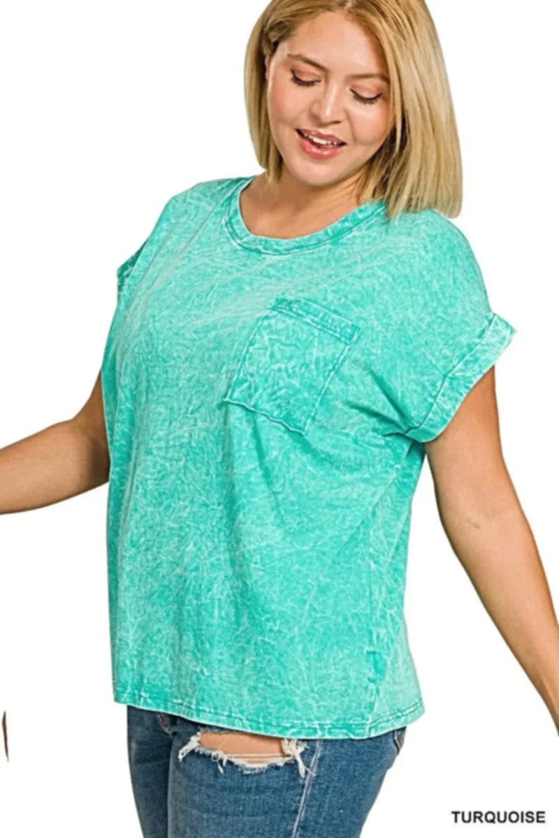 Turquoise T-shirt met korte mouwen en zakje, gekreukeld en gewassen, voor dames - Plus size, relaxte pasvorm, katoenmix