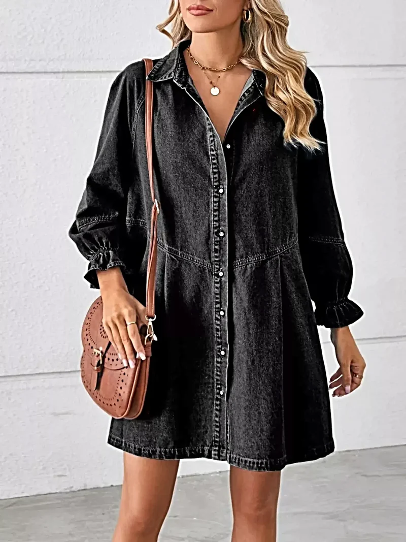 Chique denim jurk met ruches aan de manchetten en knoopdetails - 95% rayon, klassieke stijl