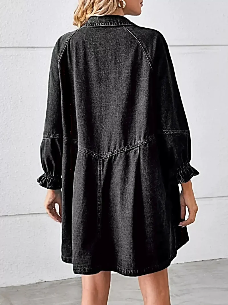 Chique denim jurk met ruches aan de manchetten en knoopdetails - 95% rayon, klassieke stijl