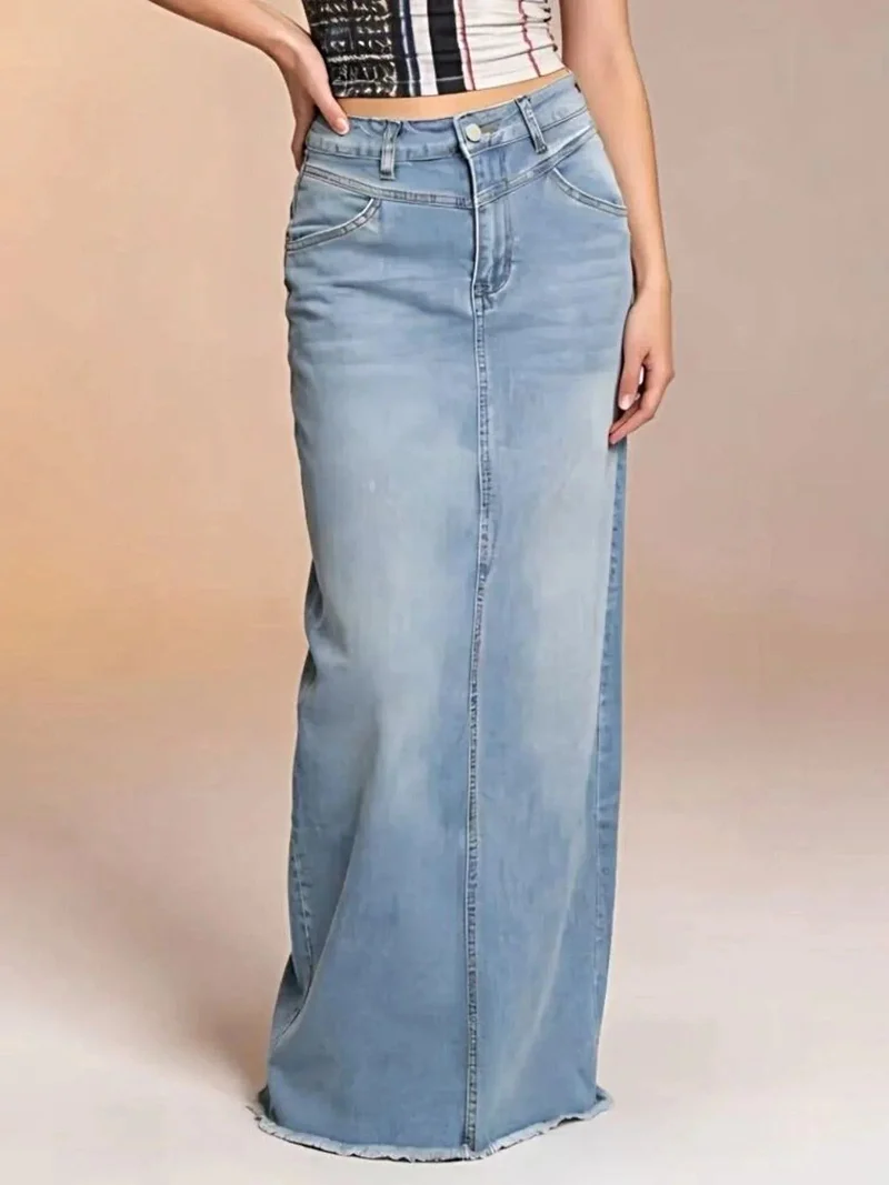 Elegante maxi-denimrok voor dames met onafgewerkte zoom - 85% katoen, knoopsluiting, niet elastisch