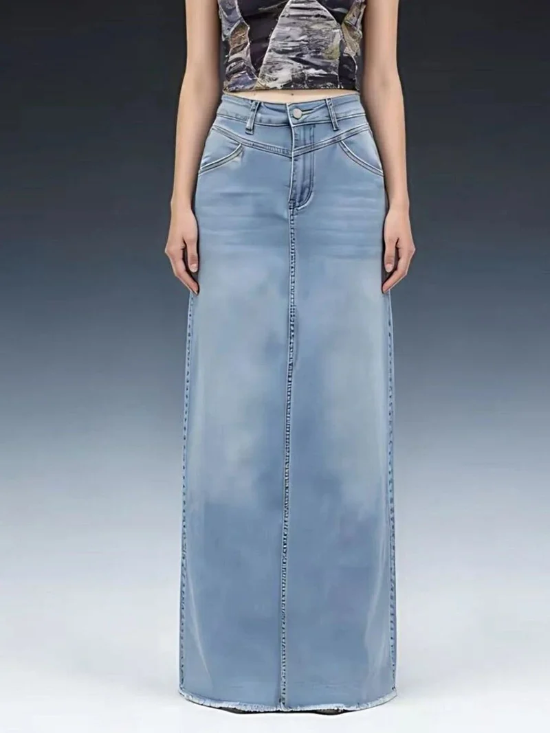 Elegante maxi-denimrok voor dames met onafgewerkte zoom - 85% katoen, knoopsluiting, niet elastisch