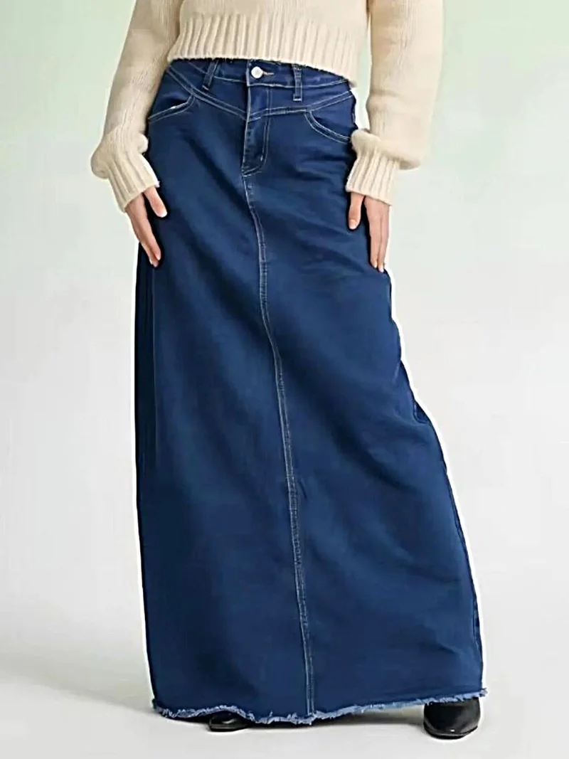 Elegante maxi-denimrok voor dames met onafgewerkte zoom - 85% katoen, knoopsluiting, niet elastisch