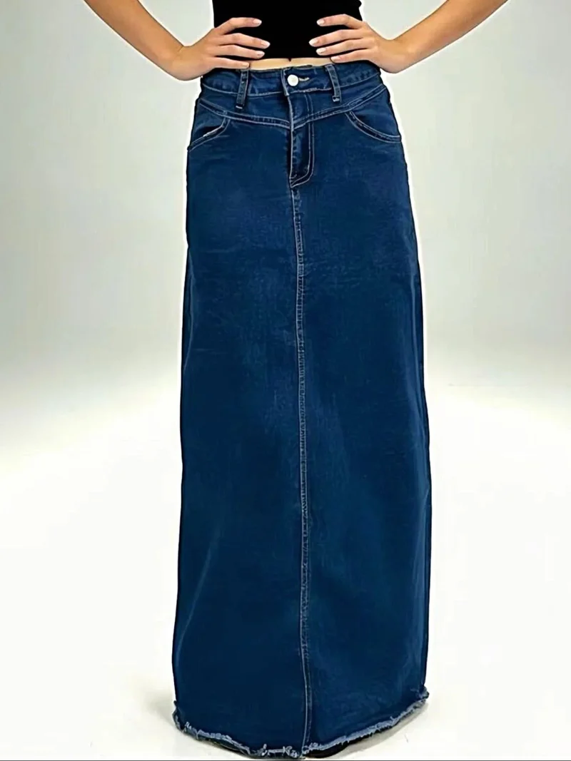 Elegante maxi-denimrok voor dames met onafgewerkte zoom - 85% katoen, knoopsluiting, niet elastisch