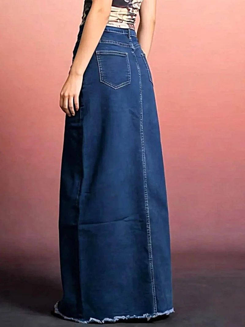 Elegante maxi-denimrok voor dames met onafgewerkte zoom - 85% katoen, knoopsluiting, niet elastisch