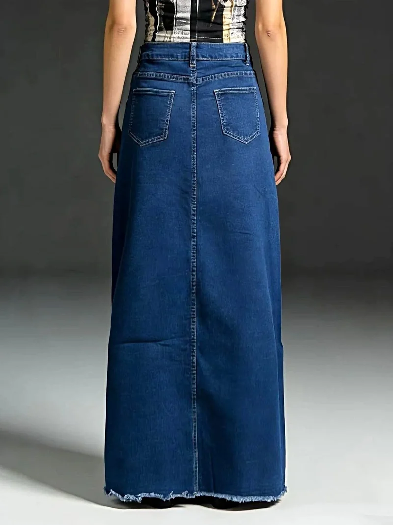 Elegante maxi-denimrok voor dames met onafgewerkte zoom - 85% katoen, knoopsluiting, niet elastisch