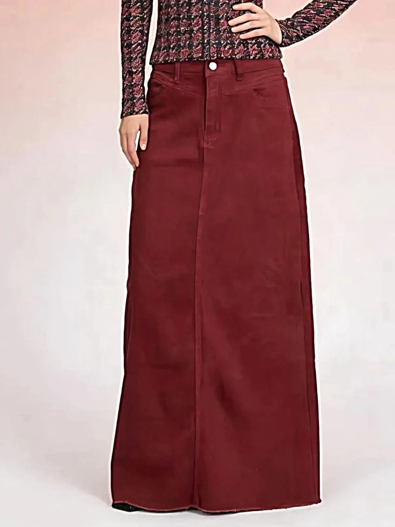 Elegante maxi-denimrok voor dames met onafgewerkte zoom - 85% katoen, knoopsluiting, niet elastisch