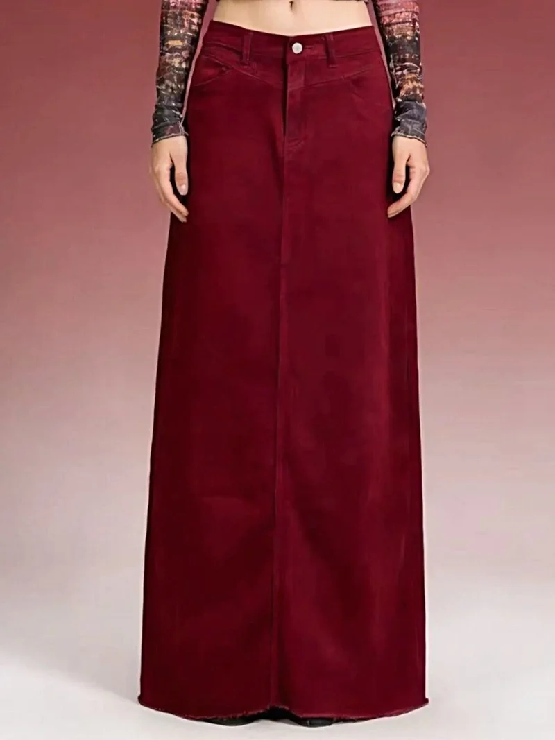 Elegante maxi-denimrok voor dames met onafgewerkte zoom - 85% katoen, knoopsluiting, niet elastisch