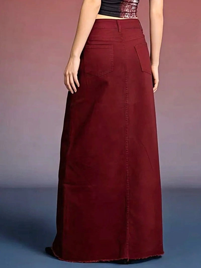 Elegante maxi-denimrok voor dames met onafgewerkte zoom - 85% katoen, knoopsluiting, niet elastisch