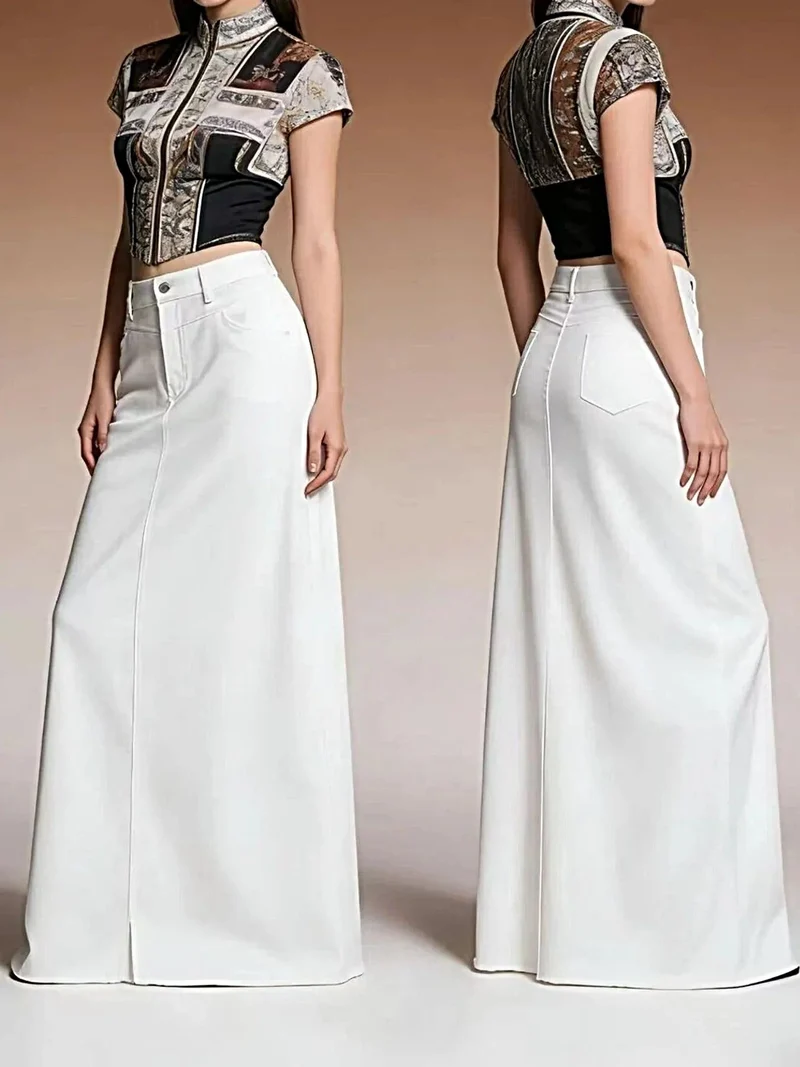 Elegante maxi-denimrok voor dames met onafgewerkte zoom - 85% katoen, knoopsluiting, niet elastisch