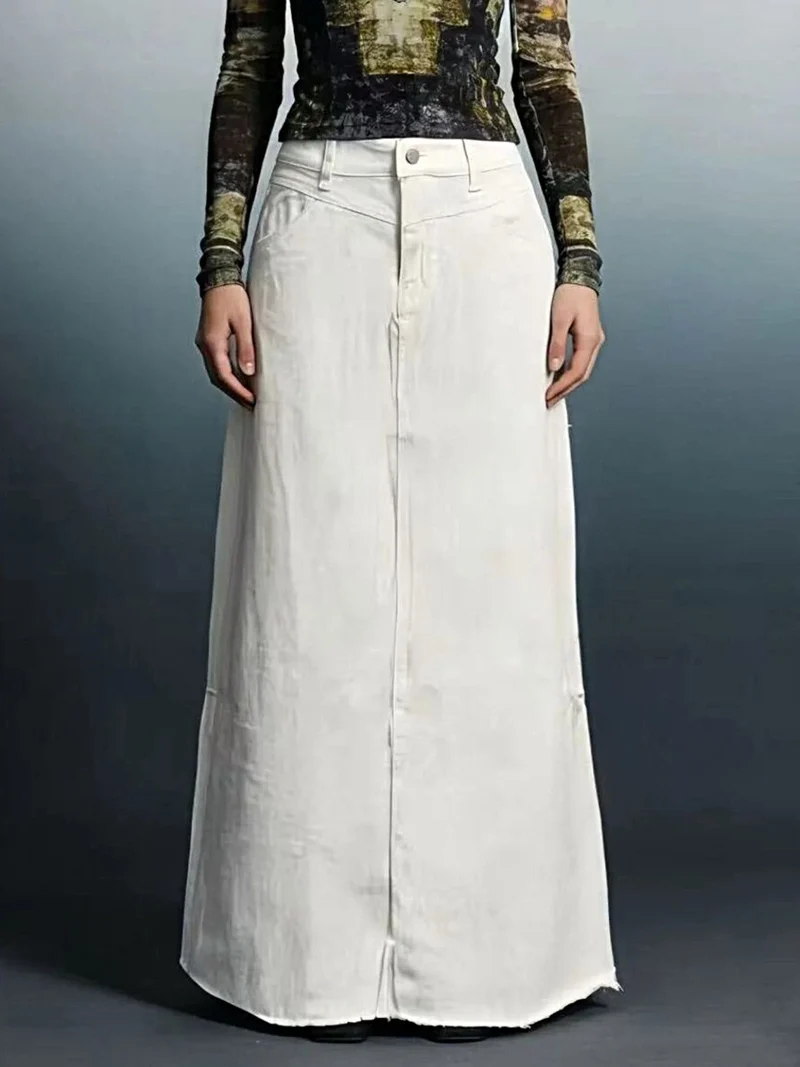 Elegante maxi-denimrok voor dames met onafgewerkte zoom - 85% katoen, knoopsluiting, niet elastisch
