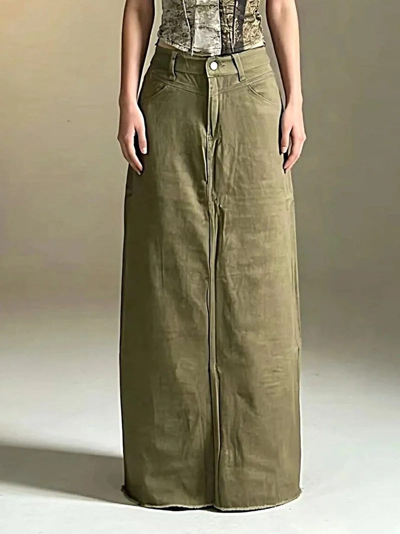 Elegante maxi-denimrok voor dames met onafgewerkte zoom - 85% katoen, knoopsluiting, niet elastisch