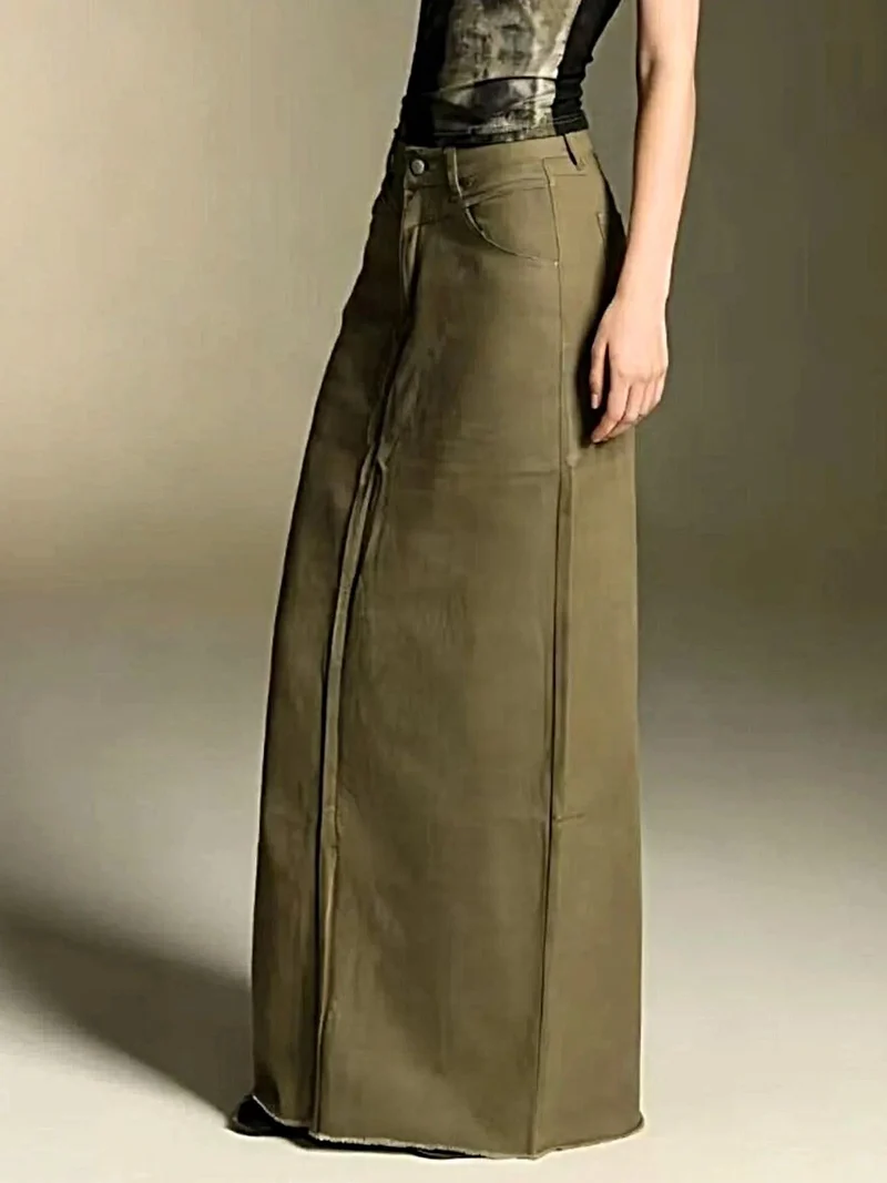 Elegante maxi-denimrok voor dames met onafgewerkte zoom - 85% katoen, knoopsluiting, niet elastisch