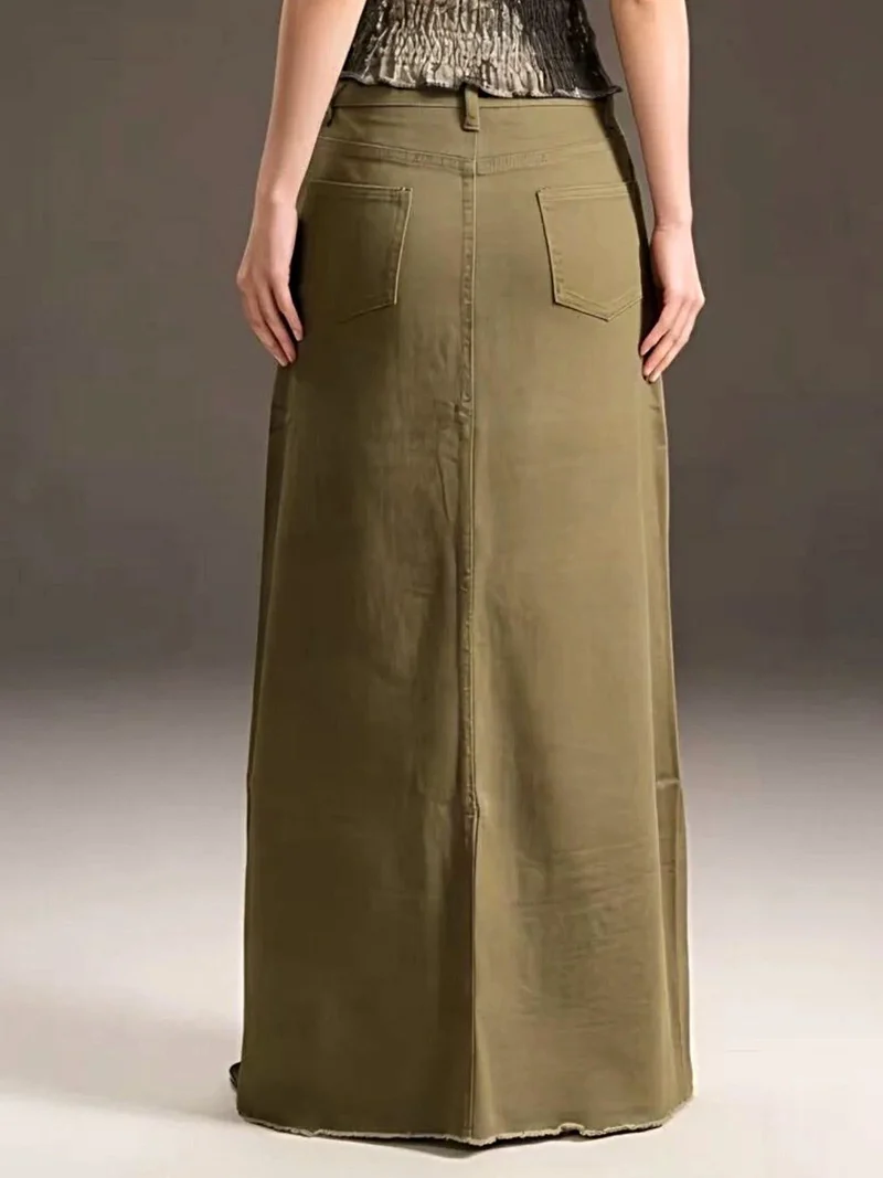 Elegante maxi-denimrok voor dames met onafgewerkte zoom - 85% katoen, knoopsluiting, niet elastisch