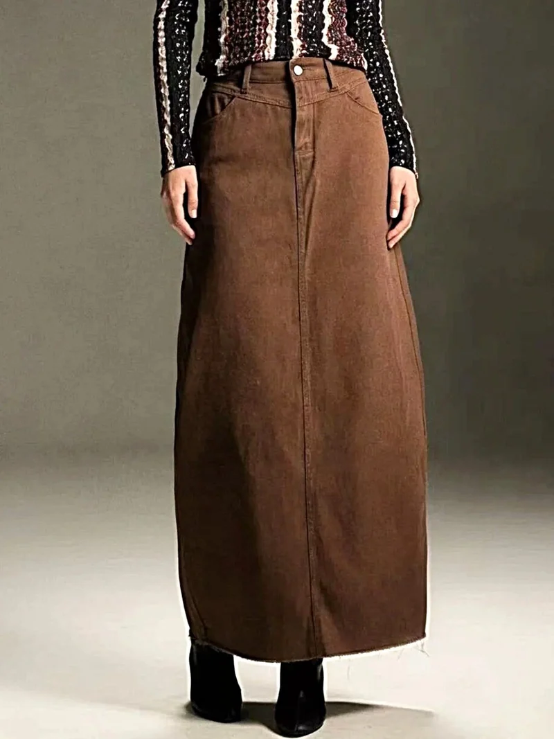 Elegante maxi-denimrok voor dames met onafgewerkte zoom - 85% katoen, knoopsluiting, niet elastisch