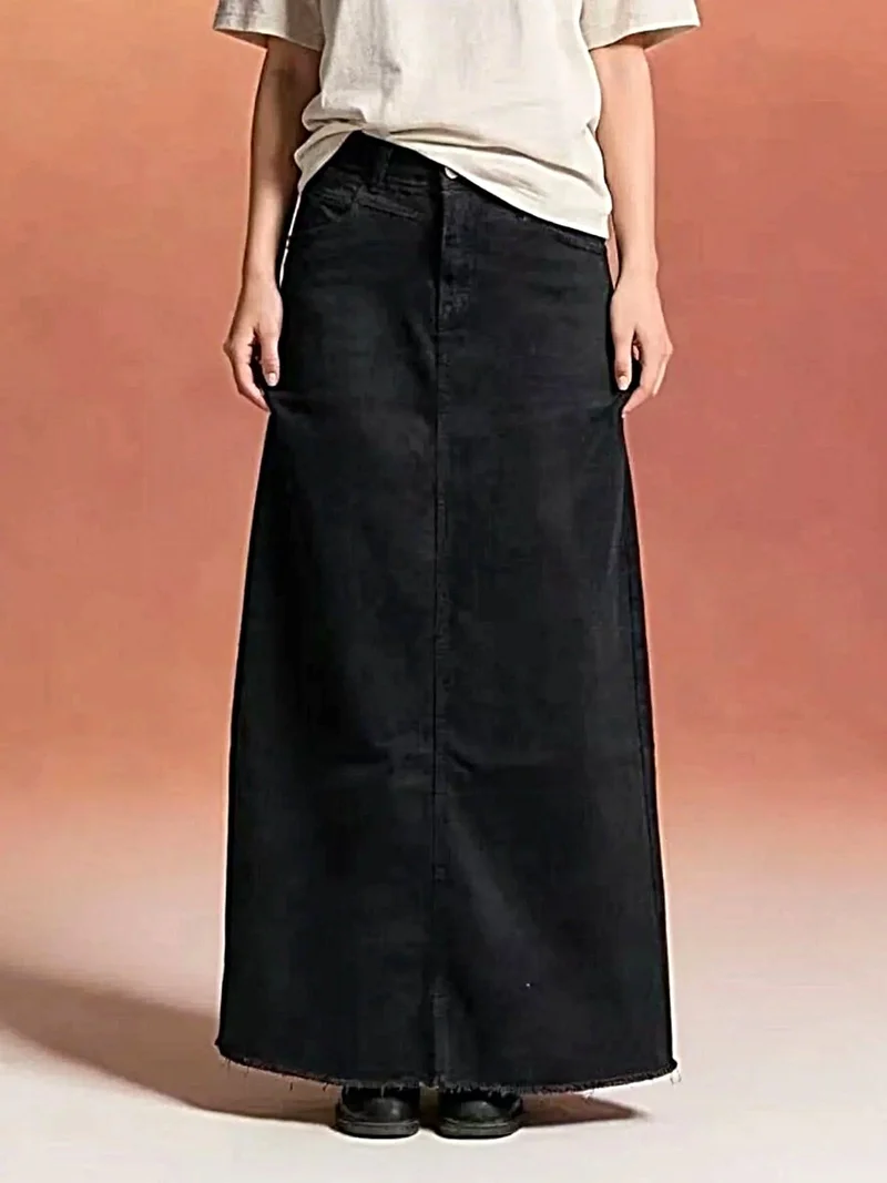 Elegante maxi-denimrok voor dames met onafgewerkte zoom - 85% katoen, knoopsluiting, niet elastisch