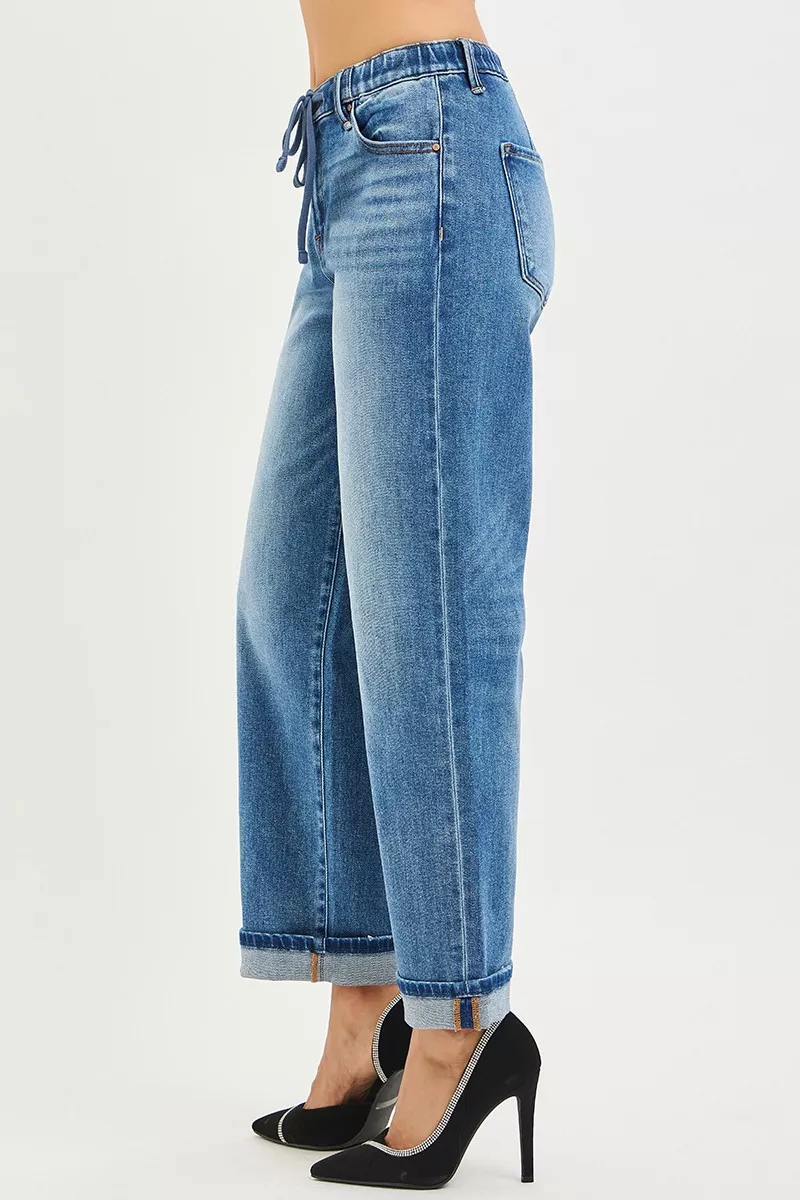 RISEN jeans met elastische band, slouch model en enkellengte, boyfriend model en omgeslagen zoom.