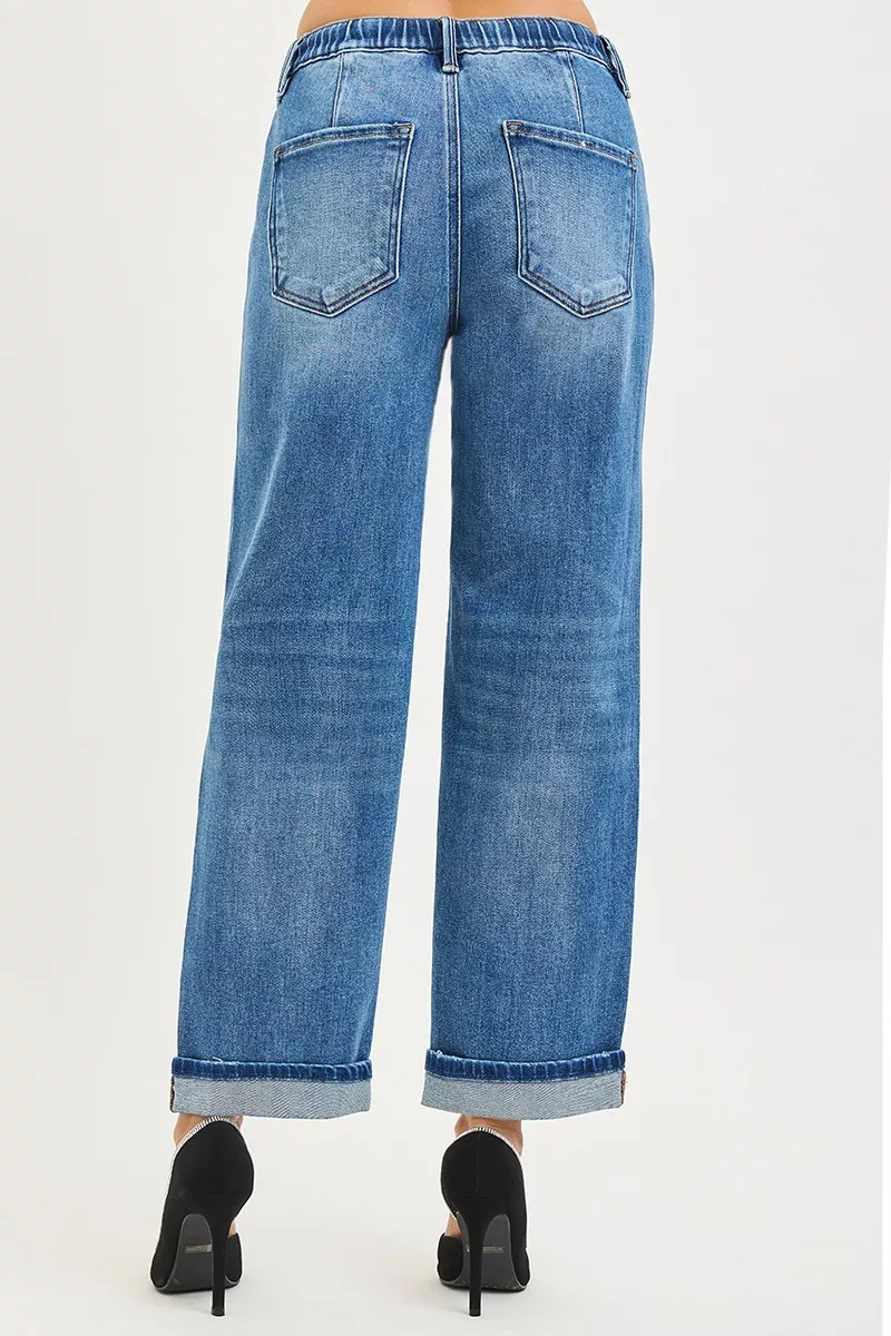RISEN jeans met elastische band, slouch model en enkellengte, boyfriend model en omgeslagen zoom.