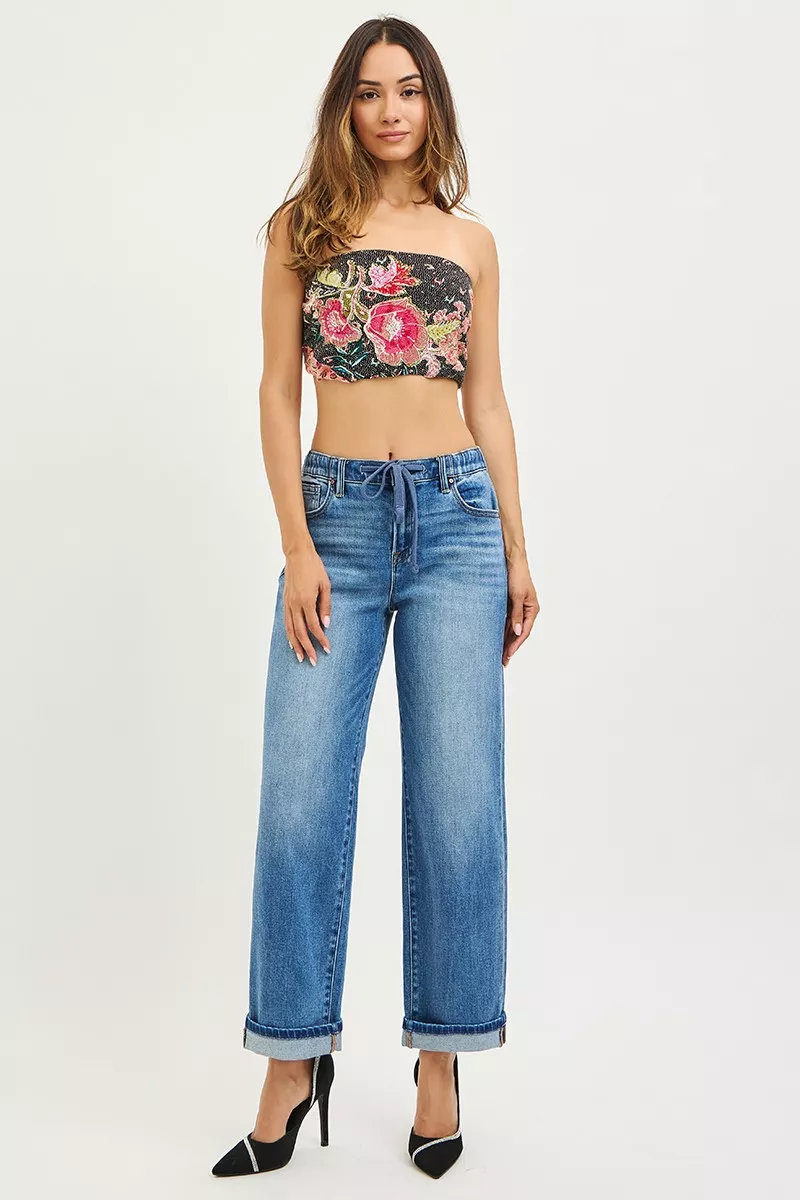 RISEN jeans met elastische band, slouch model en enkellengte, boyfriend model en omgeslagen zoom.