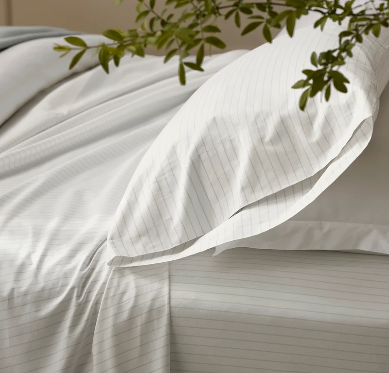 Percale Hemmed Pillowcase Set - White/Oak Simple Stripe