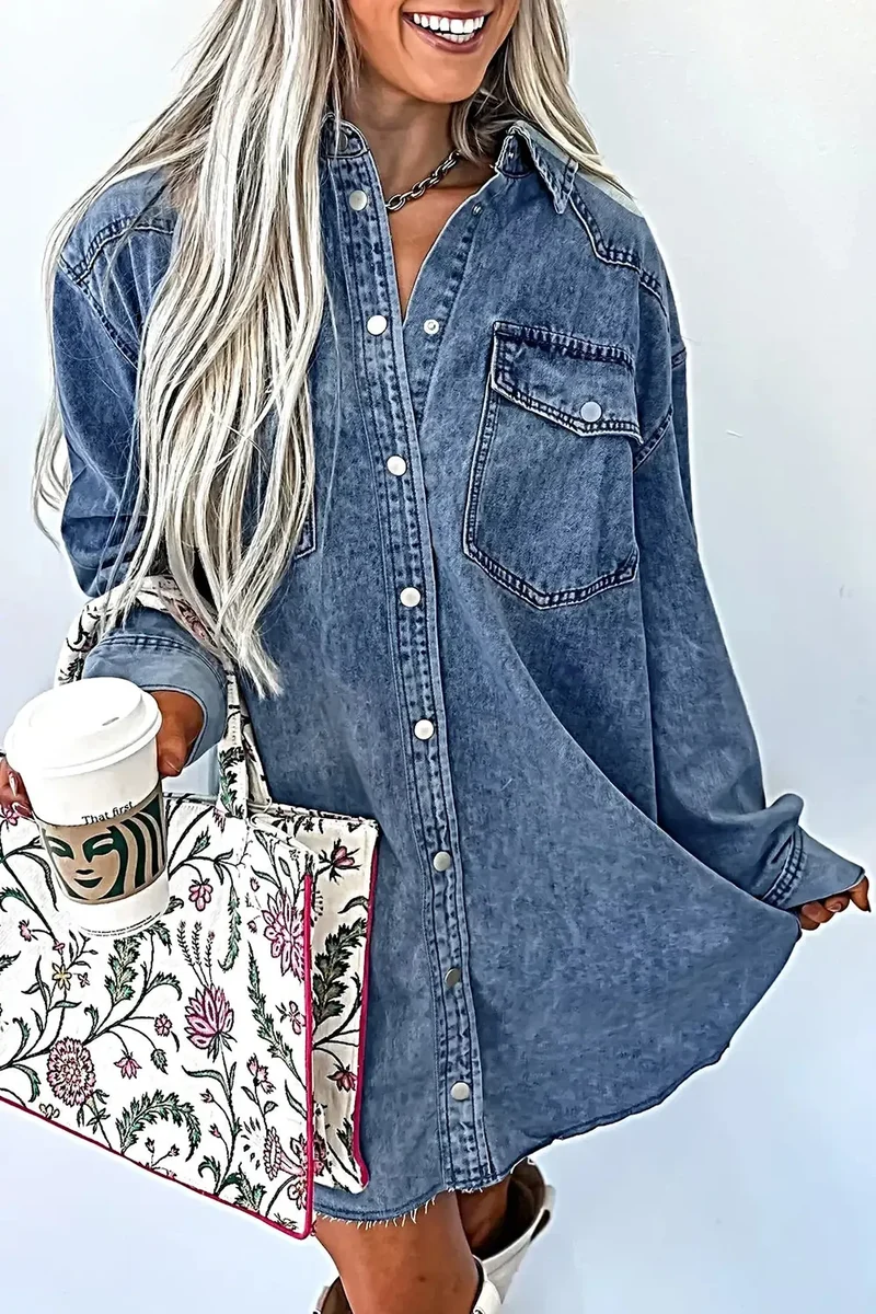 Vintage denim jurk met knoopsluiting aan de voorkant en zakken - 100% katoen, machinewasbaar