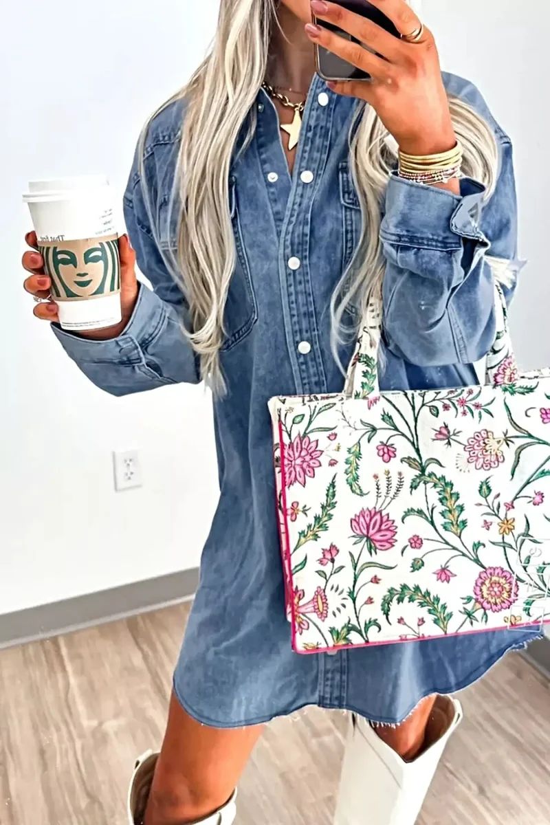 Vintage denim jurk met knoopsluiting aan de voorkant en zakken - 100% katoen, machinewasbaar
