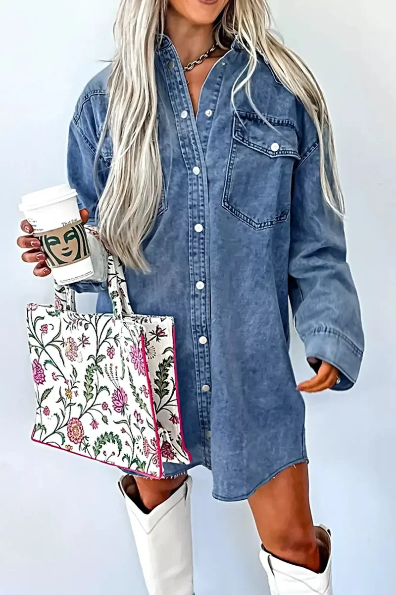 Vintage denim jurk met knoopsluiting aan de voorkant en zakken - 100% katoen, machinewasbaar