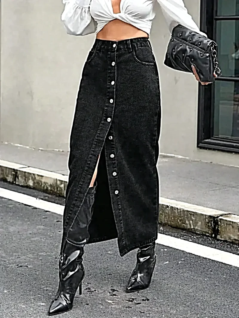 Elegante denim rok met knoopsluiting aan de voorkant en split - Klassieke stijl van 85% katoen