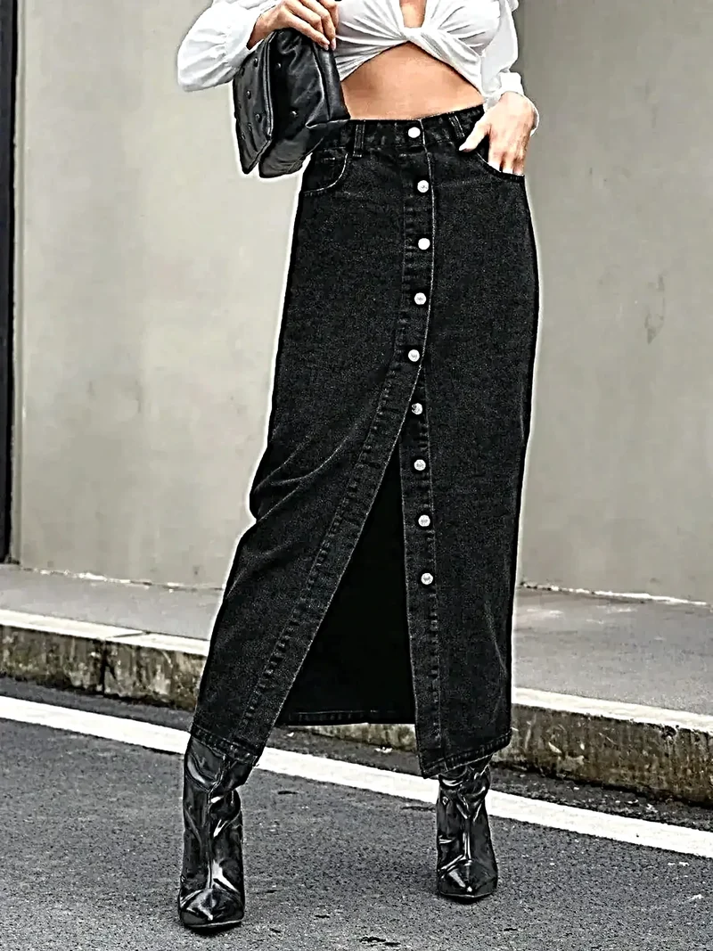 Elegante denim rok met knoopsluiting aan de voorkant en split - Klassieke stijl van 85% katoen
