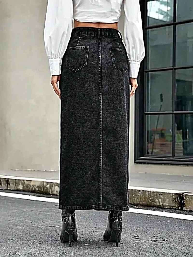 Elegante denim rok met knoopsluiting aan de voorkant en split - Klassieke stijl van 85% katoen